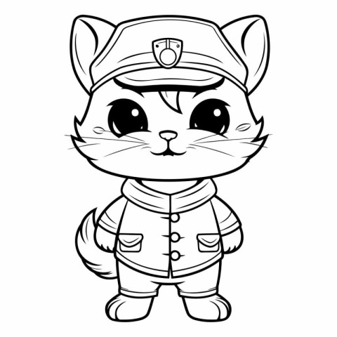 Black and White Cartoon Illustration of Cute Cat Police Officer