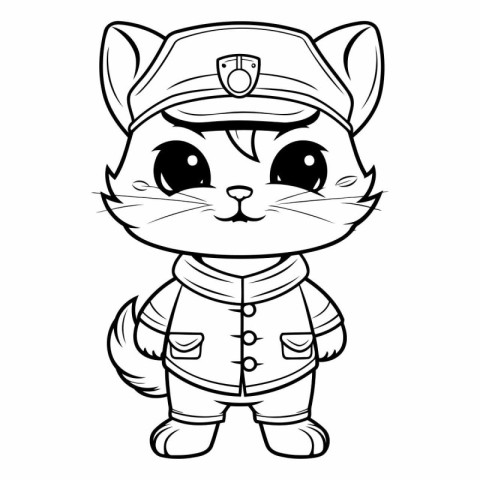 Black and White Cartoon Illustration of Cute Cat Police Officer