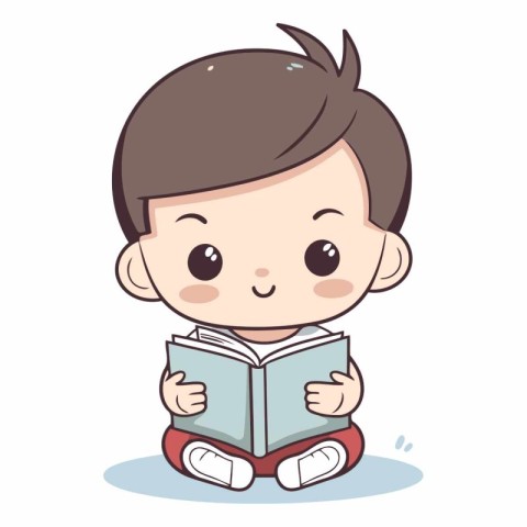 Cute boy reading a book on white background.