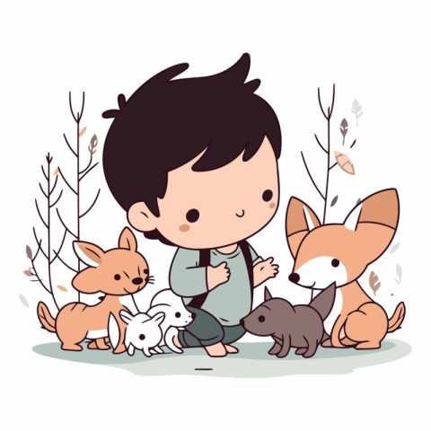 Cute boy playing with animals in the forest.