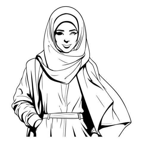 Arabic woman in traditional clothes. Black and white vector illu