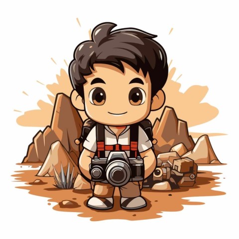 Photographer boy with camera in the desert. Vector cartoon illus