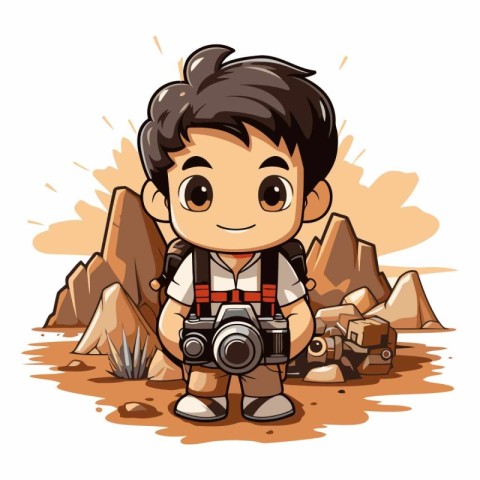 Photographer boy with camera in the desert. Vector cartoon illus