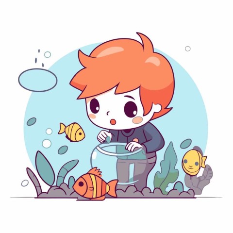 Boy and fish in the aquarium in cartoon style.