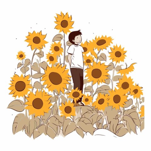 Young boy standing among sunflowers in flat style.