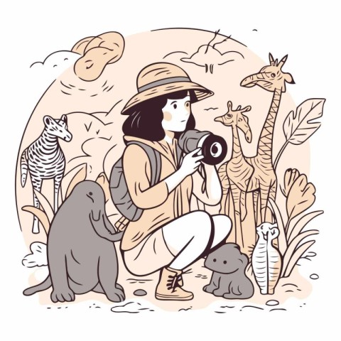 Vector illustration of a girl with a camera and a giraffe.