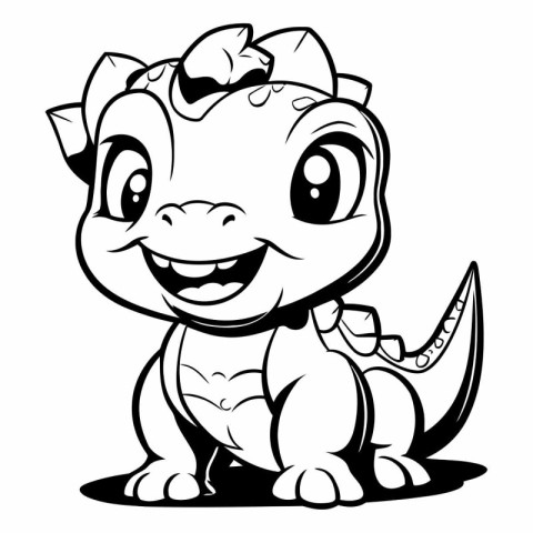 Cute Dinosaur Cartoon Mascot Character - Black and White Vector