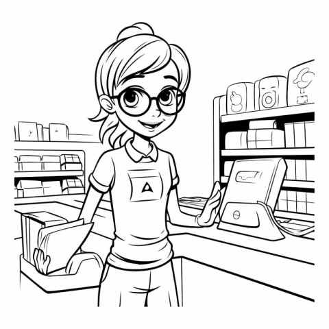 Girl at the cash register in a store. black and white vector ill