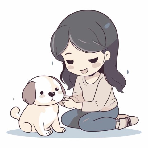 Little girl with her dog. Cute cartoon style vector illustration