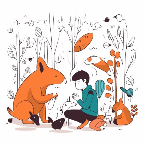 Vector illustration of a little boy playing with foxes in the fo