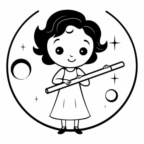 Cute cartoon girl with magic wand. Black and white vector illust