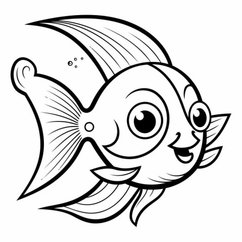 Black and White Cartoon Illustration of Cute Fish Character for