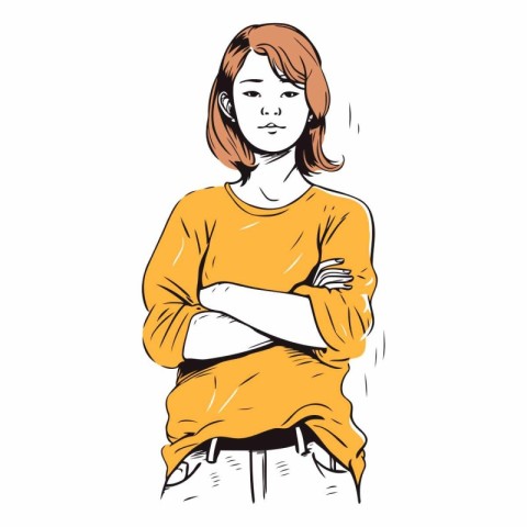 Young beautiful woman in a yellow sweater. Hand drawn vector ill