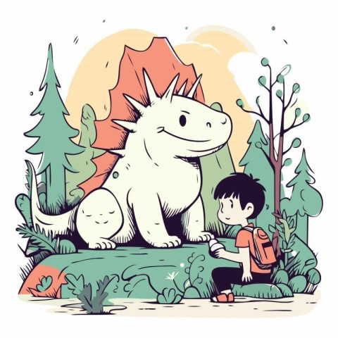 Vector illustration of a little boy with a big dinosaur in the f