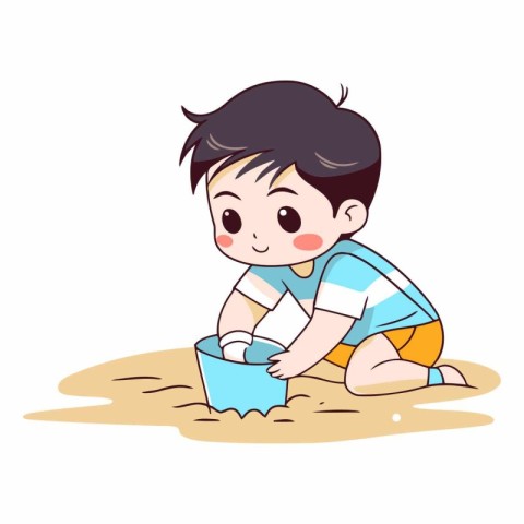 Cute little boy playing with sand on the beach.