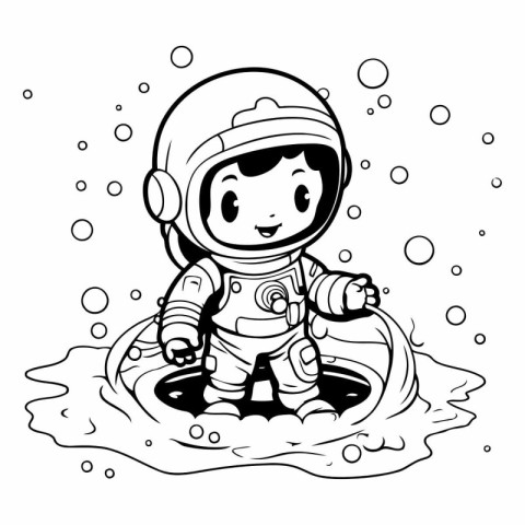 Cartoon astronaut in the water. Coloring page for children.