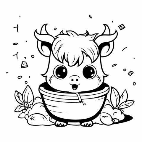 Black and White Cartoon Illustration of Cute Little Bull Animal