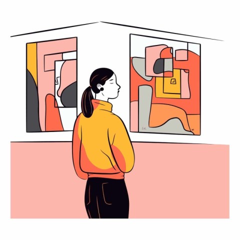 Vector illustration of a woman looking at a picture in a gallery