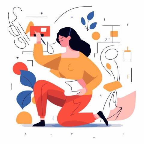 Woman with a cup of coffee sitting on the floor. Flat vector ill