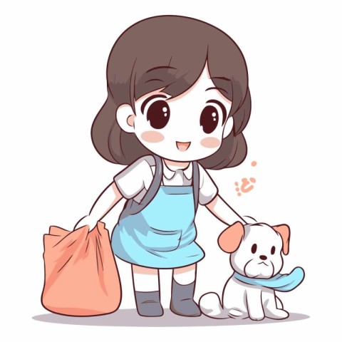 Illustration of a Little Girl Carrying a Bag of Food and a Dog