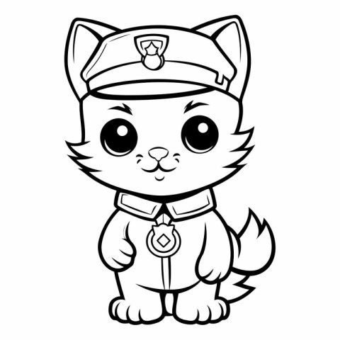 Black and White Cartoon Illustration of Cute Cat Captain Charact