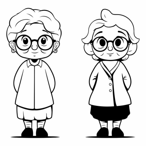 Elderly couple with glasses - black and white vector illustratio