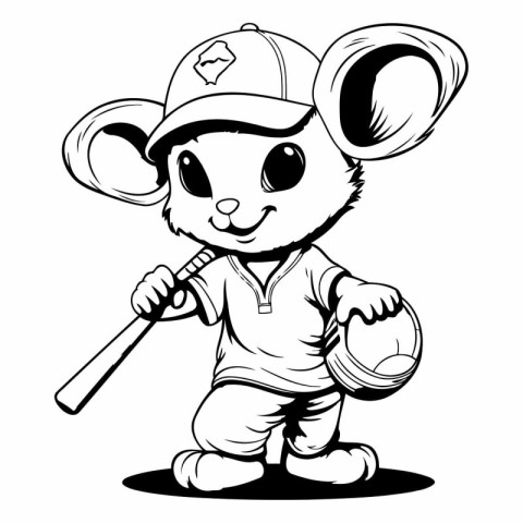 Mouse Baseball Mascot - Black and White Vector Illustration.