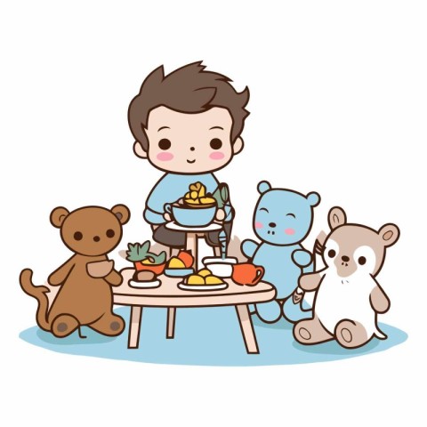 cute little boy with bear and teddy bear in the table