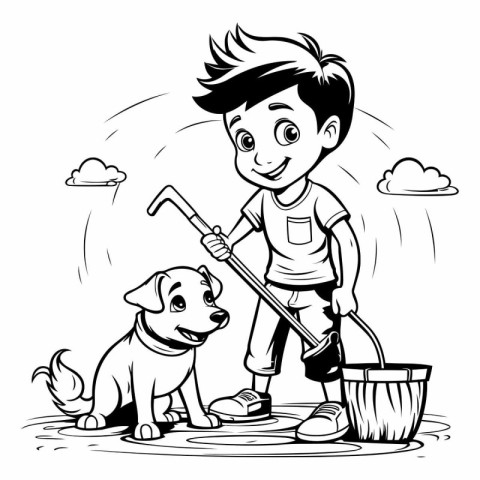 Boy with a dog and a bucket. Black and white illustration.