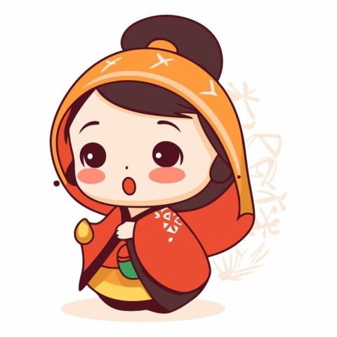 Illustration of a cute little girl wearing a traditional japanes