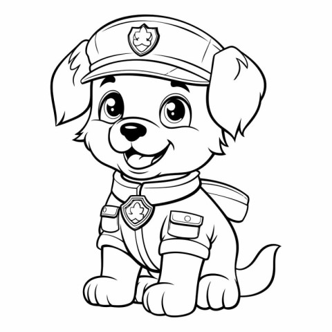 Black and White Cartoon Illustration of Cute Puppy Police Dog Co