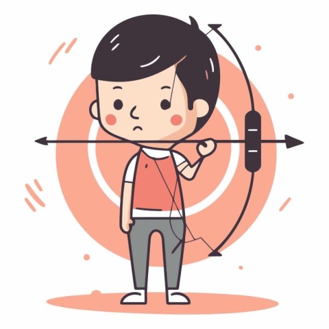 Cute boy aiming with bow and arrow in cartoon style.