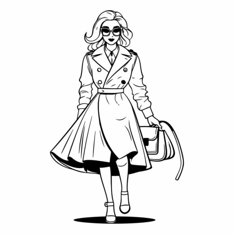 Fashionable woman in coat and sunglasses. Black and white vector