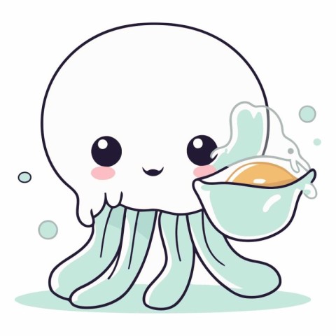 Illustration of a cute jellyfish eating a bowl of honey.