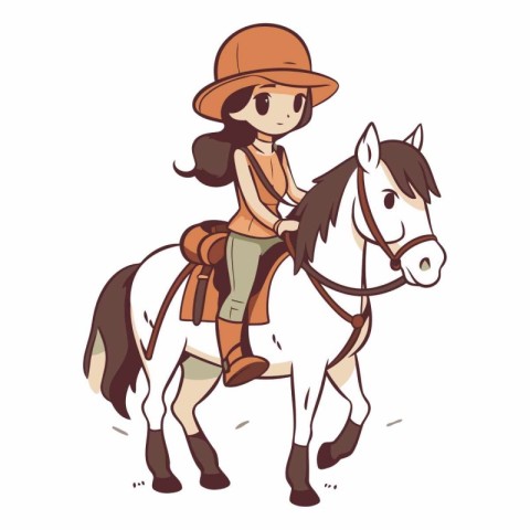 Illustration of a girl in a hat riding a horse on a white backgr