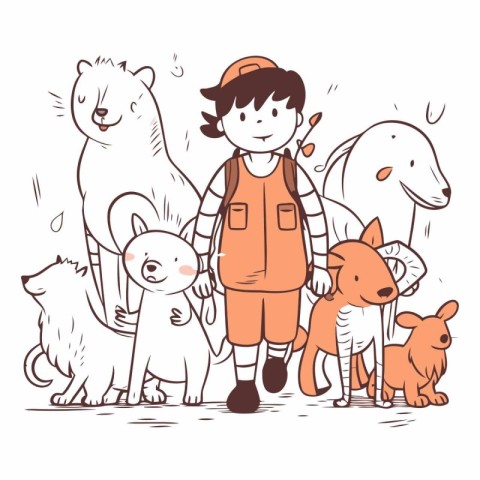 Vector illustration of a boy with a group of dogs and cats.