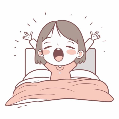 Illustration of a girl yawning while lying on the bed.