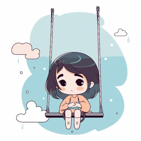 Cute little girl swinging on a swing in cartoon style.