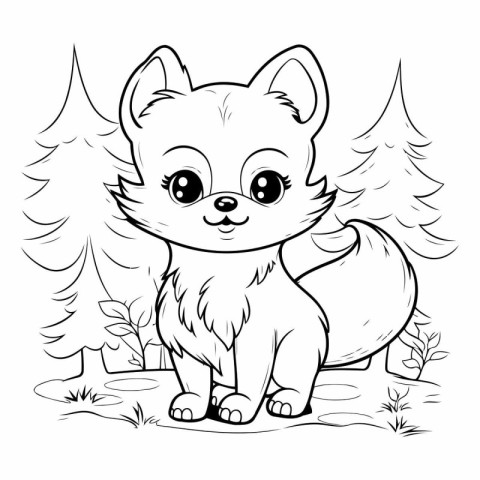 Cute cartoon fox in the forest for coloring book.