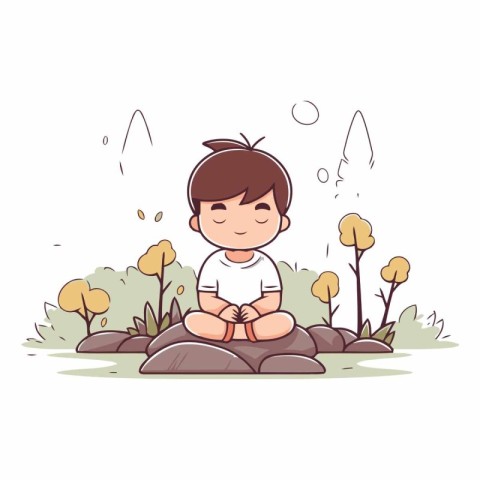 Cute little boy sitting on a rock in the park