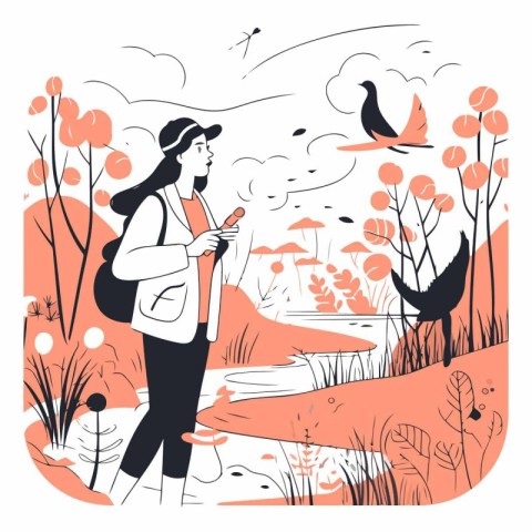 Vector illustration of a girl with a backpack walking in the par