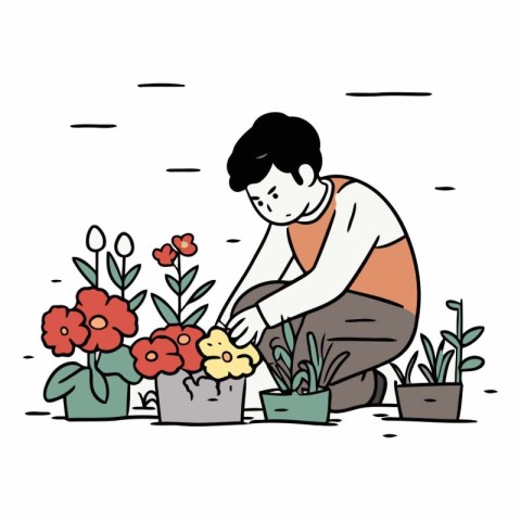 Gardening. A man plants flowers in pots