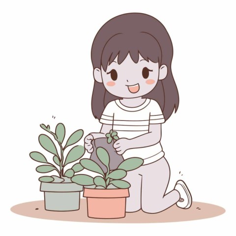 Illustration of a Cute Girl Posing with a Plant in a Pot