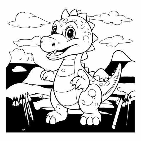 Black and White Cartoon Illustration of Cute Dinosaur Animal Cha