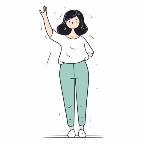 Happy girl waving her hand in doodle style.