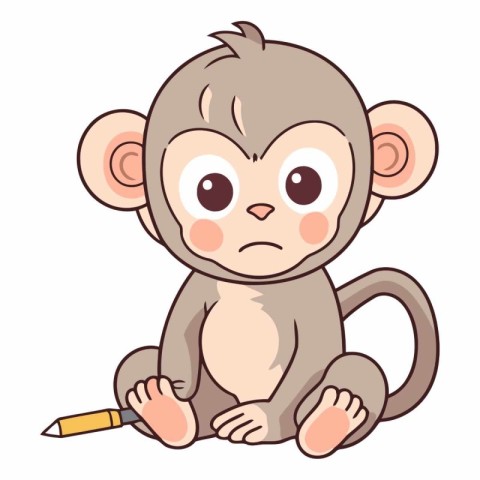 Monkey with pencil. Cute cartoon character.