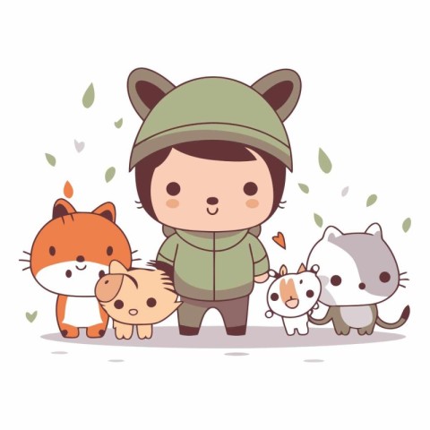 cute little boy with dog and cat animals vector illustration gra