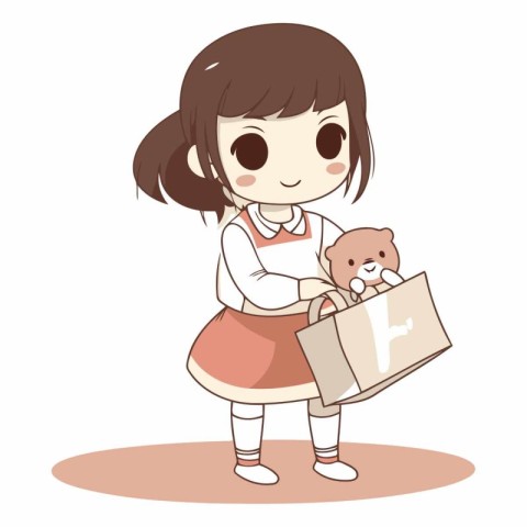 Girl holding a teddy bear and shopping bag.