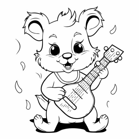 Cute Cartoon Bear Playing Guitar - Black and White Illustration.