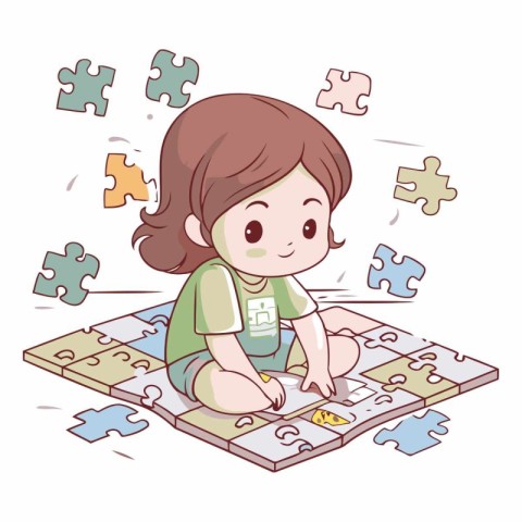 Illustration of a Little Girl Playing with a Jigsaw Puzzle.